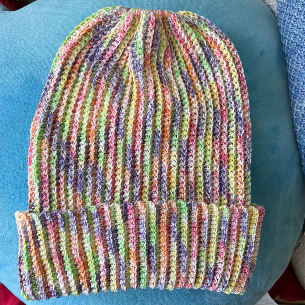 Handmade Crochet Hat. Colorful and for ponytails.